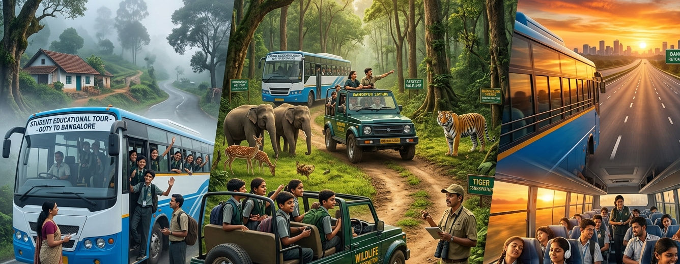 Students on Bandipur or Mudumalai safari returning to Bangalore after Ooty trip