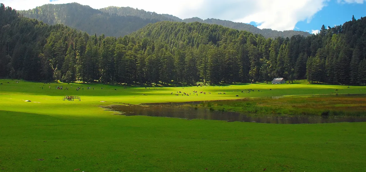 Breathtaking panoramic view of Khajjiar, Himachal Pradesh – often called 'India's Mini Switzerland' – showcasing its iconic emerald-green meadows, dense cedar forests, and snow-capped Himalayan peaks. This stunning landscape features the famous Khajjiar Lake, reflecting the sky like a natural mirror, with a floating grassy island at its center. Visitors stroll across the rolling grasslands, while horses graze near the ancient Khajji Nag Temple. Christone Holidays offers exclusive 'Swiss-Alpine' experiences here – from paragliding over the valley to cheese-making workshops at local farms. The golden sunrise/sunset hues paint the deodar trees in magical light, creating a photographer’s paradise. Perfect for honeymooners, nature lovers, and adventure seekers exploring Dalhousie-Khajjiar circuit.