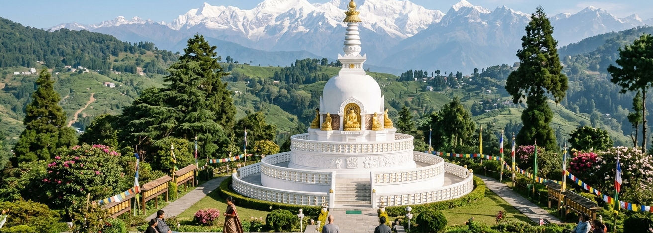 Japanese Peace Pagoda overlooking the Darjeeling Himalayas.