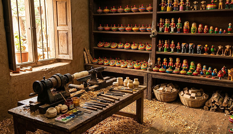 Colorful handcrafted wooden toys from Channapatna workshop Karnataka