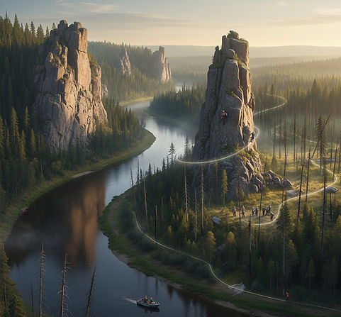 Symbolic merged landscape showing Stolby granite pillars on Yenisei River banks with Tunguska forest patterns in background