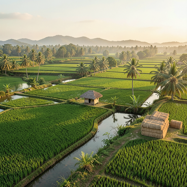 Green paddy fields and irrigation system in Maddur Karnataka rural agriculture