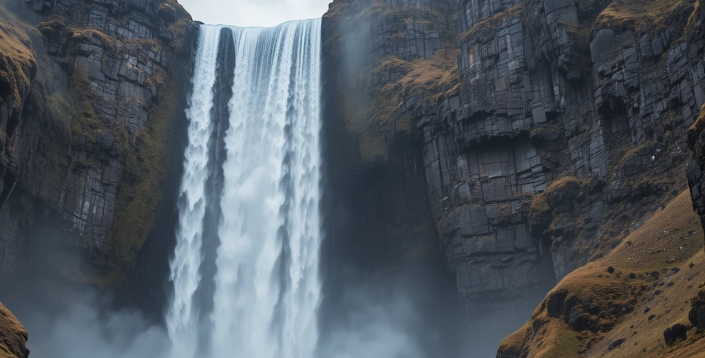 Kanda River Waterfall plunging 108 meters through basalt gorge on Putorana Plateau with spray, rainbows, and tiny explorers providing scale under dramatic sky.