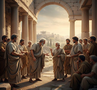 Socrates engaging students in philosophical dialogue at the ancient Agora of Athens by Christone Holidays