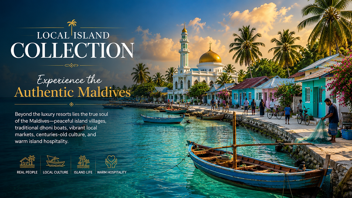 Authentic Maldivian island village featuring colorful homes, a traditional mosque, palm-lined streets, wooden dhoni boats, crystal-clear lagoon, and everyday local life in the Maldives.