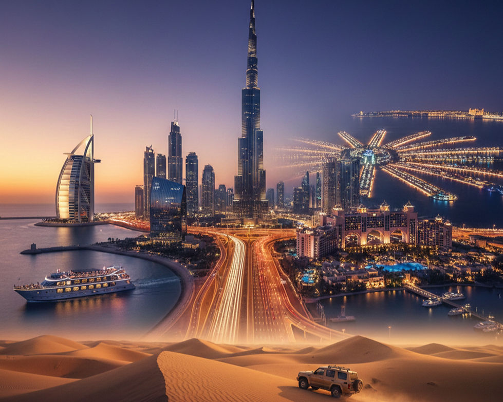 Merged Dubai city experience showing Burj Khalifa, Sheikh Zayed Road skyline at night, Burj Al Arab, Palm Jumeirah resorts, desert safari dunes, and a luxury dinner cruise