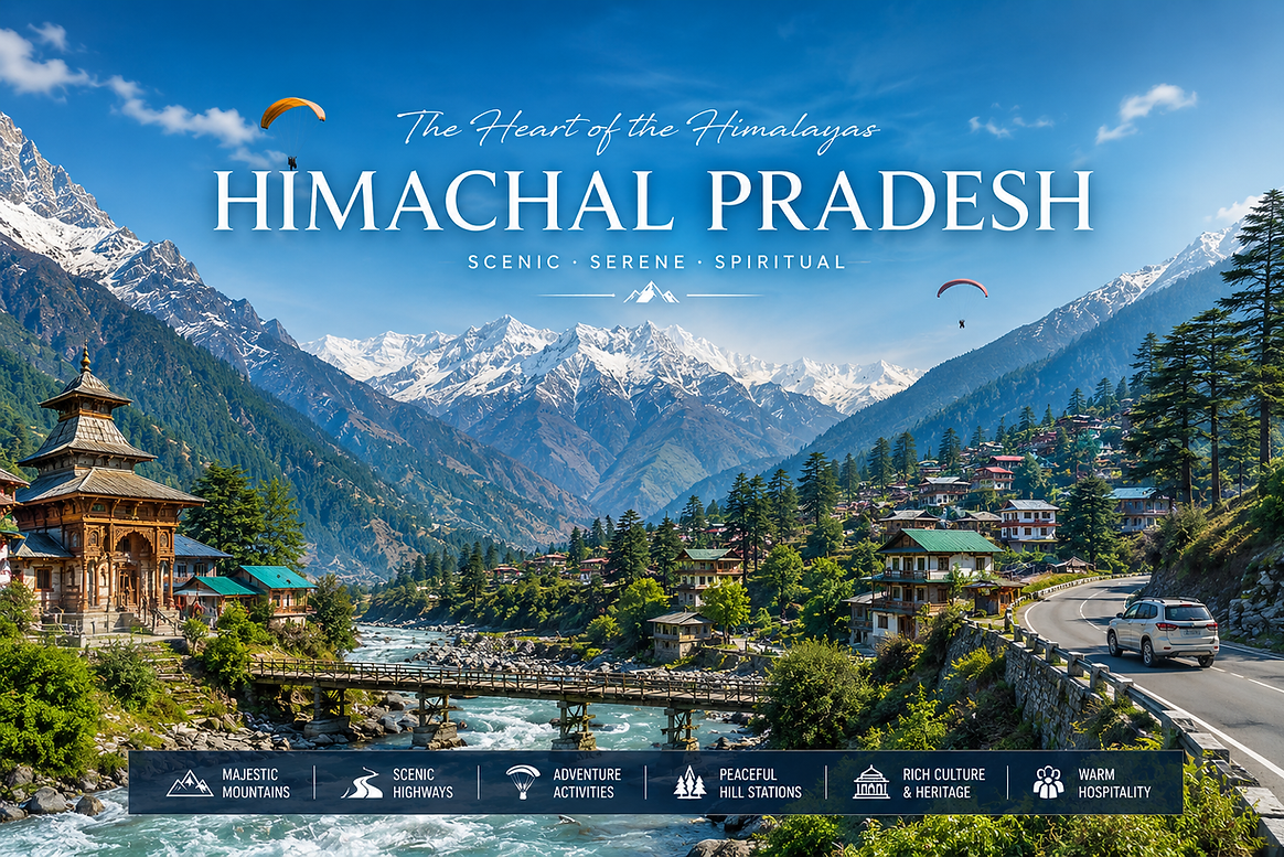 Cinematic Himachal Pradesh hero banner featuring snow-covered Himalayan mountains, alpine valleys, river landscapes, traditional Himachali architecture, scenic mountain highways, paragliding, and hill stations.