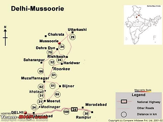Delhi to Mussoorie route map showing Himalayan road connectivity through Dehradun and Uttarakhand mountain corridors.