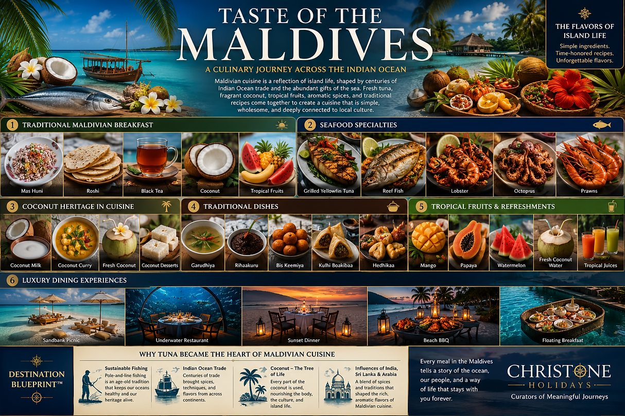 Collage showcasing authentic Maldivian cuisine featuring Mas Huni, Garudhiya, Rihaakuru, Bis Keemiya, Kulhi Boakibaa, fresh seafood, tropical fruits, coconut dishes, luxury beach dining, and traditional island food experiences in the Maldives by Christone Holidays.