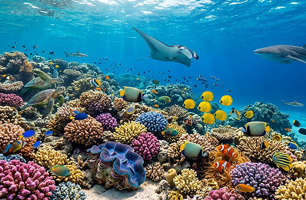 A vibrant underwater scene in the Maldives featuring coral reefs, whale shark, manta ray, green sea turtle, tropical reef fish, giant clam, and crystal-clear Indian Ocean waters.