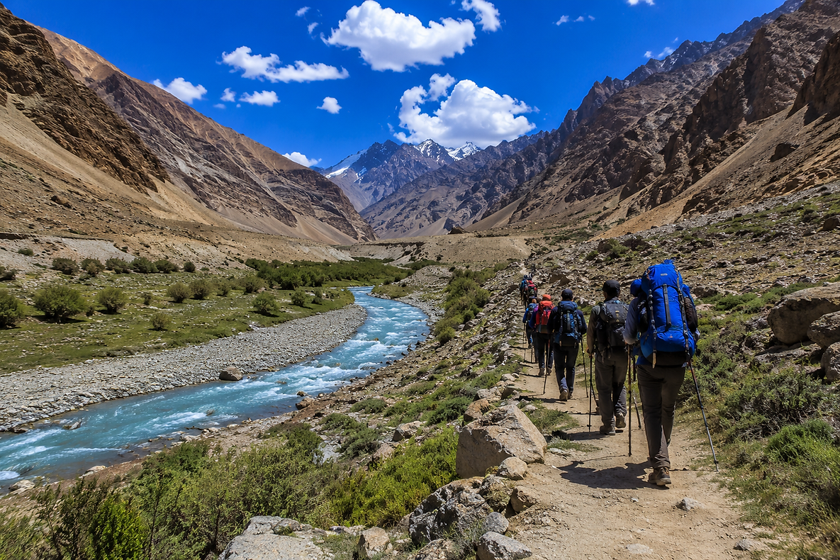 Markha Valley trekking trail with Himalayan mountains and river in Leh Ladakh