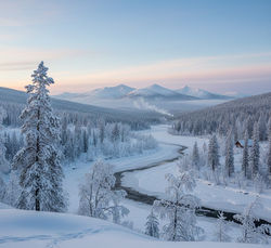 A serene Siberian winter landscape featuring a winding river through a snow-covered forest, with maj