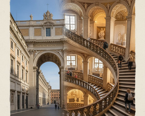 A conceptual merged image showing the architectural exterior of the Vatican Museums and the intricate artistic details of the interior galleries.