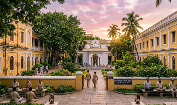 Sri Aurobindo Ashram in Puducherry featuring peaceful meditation spaces, spiritual learning, heritage architecture, and tranquil surroundings.