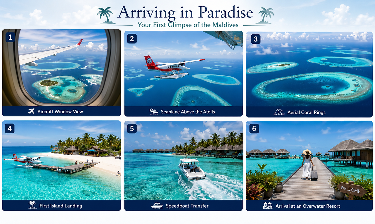 Arriving in Paradise in the Maldives featuring aerial atolls, aircraft window view, seaplane transfer, speedboat journey, island landing, and overwater luxury resorts in the Indian Ocean.