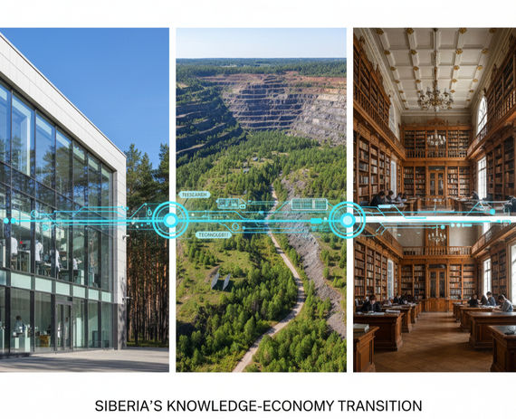 Collage representing Christone's urban-industrial programs in Novosibirsk science, Kuzbass transition, and Tomsk education