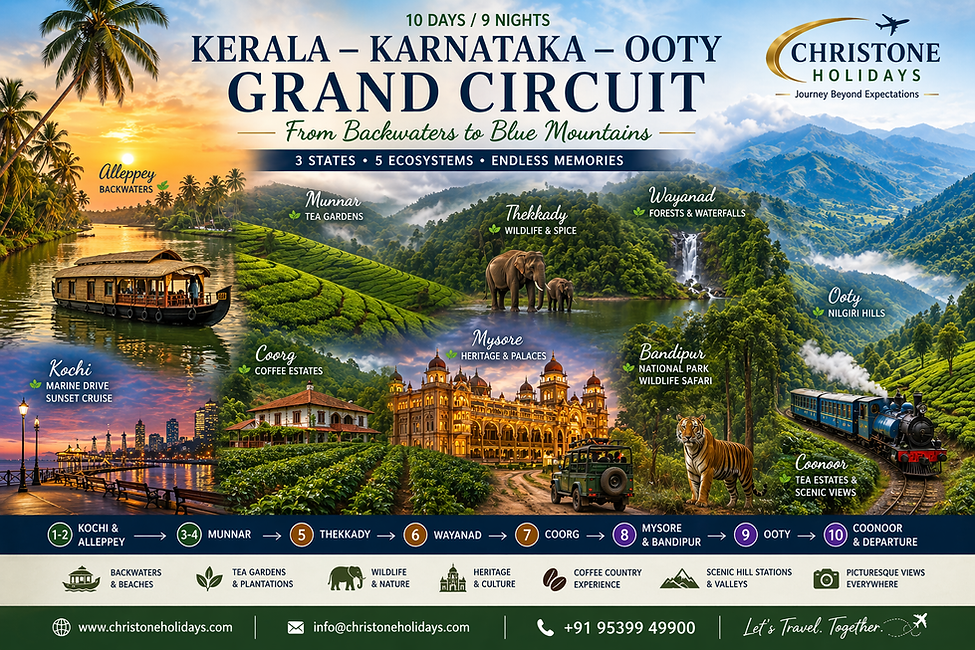 Kerala Karnataka Ooty tour with Alleppey backwaters houseboat Munnar tea gardens Coorg coffee estates Mysore Palace Bandipur wildlife and Ooty Nilgiri hills