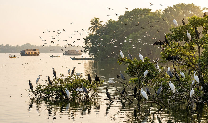 Migratory birds at Pathiramanal island Kerala backwaters