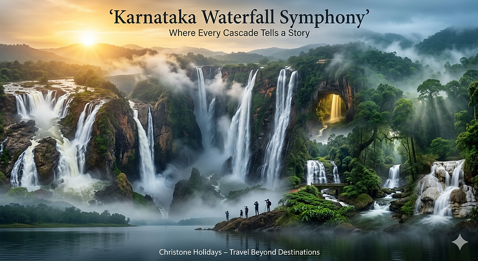 Cinematic merged image of Karnataka waterfalls including Jog Falls Shivanasamudra Abbey Iruppu and Western Ghats forest landscapes