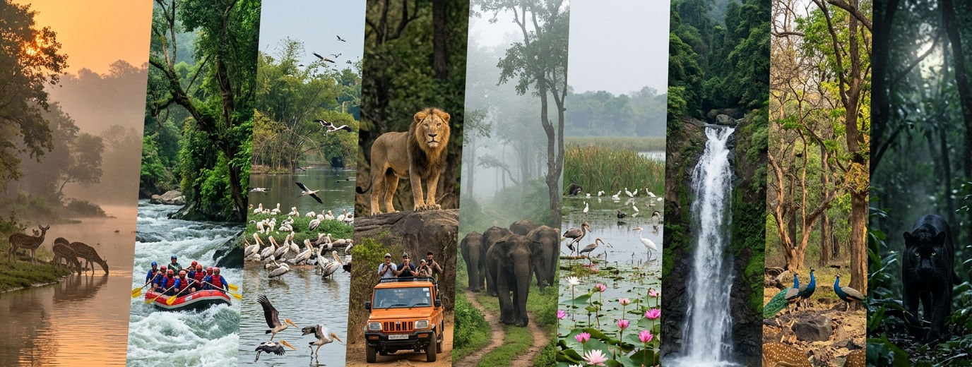 Karnataka wildlife collage showing forests rivers wetlands safaris and rainforest ecosystems