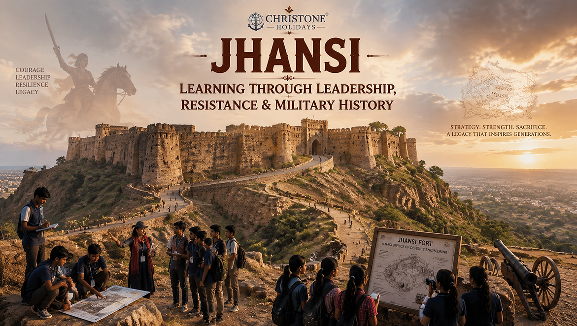 Students exploring Jhansi Fort while learning about leadership, military architecture, strategic defence systems, the Revolt of 1857, and the legacy of Rani Lakshmibai.