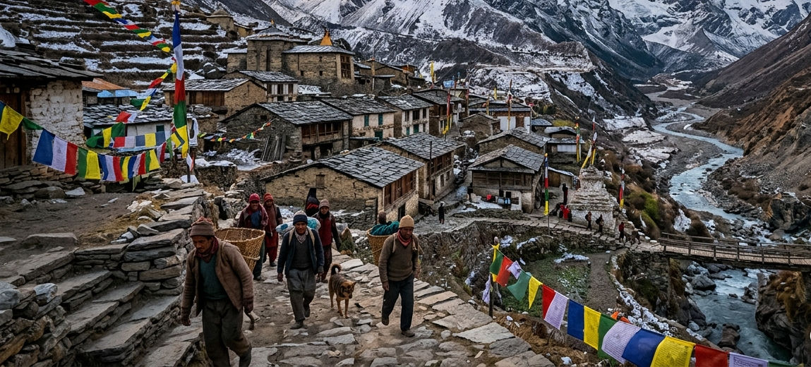 Mana Village Himalayan heritage landscape featuring ancient stone houses, mountain communities, snow-covered peaks, and Indo-Tibetan cultural traditions in Uttarakhand.