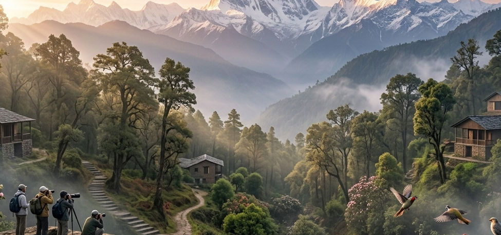 Binsar Wildlife Sanctuary with dense forests, Himalayan viewpoints, and eco-tourism nature landscapes.