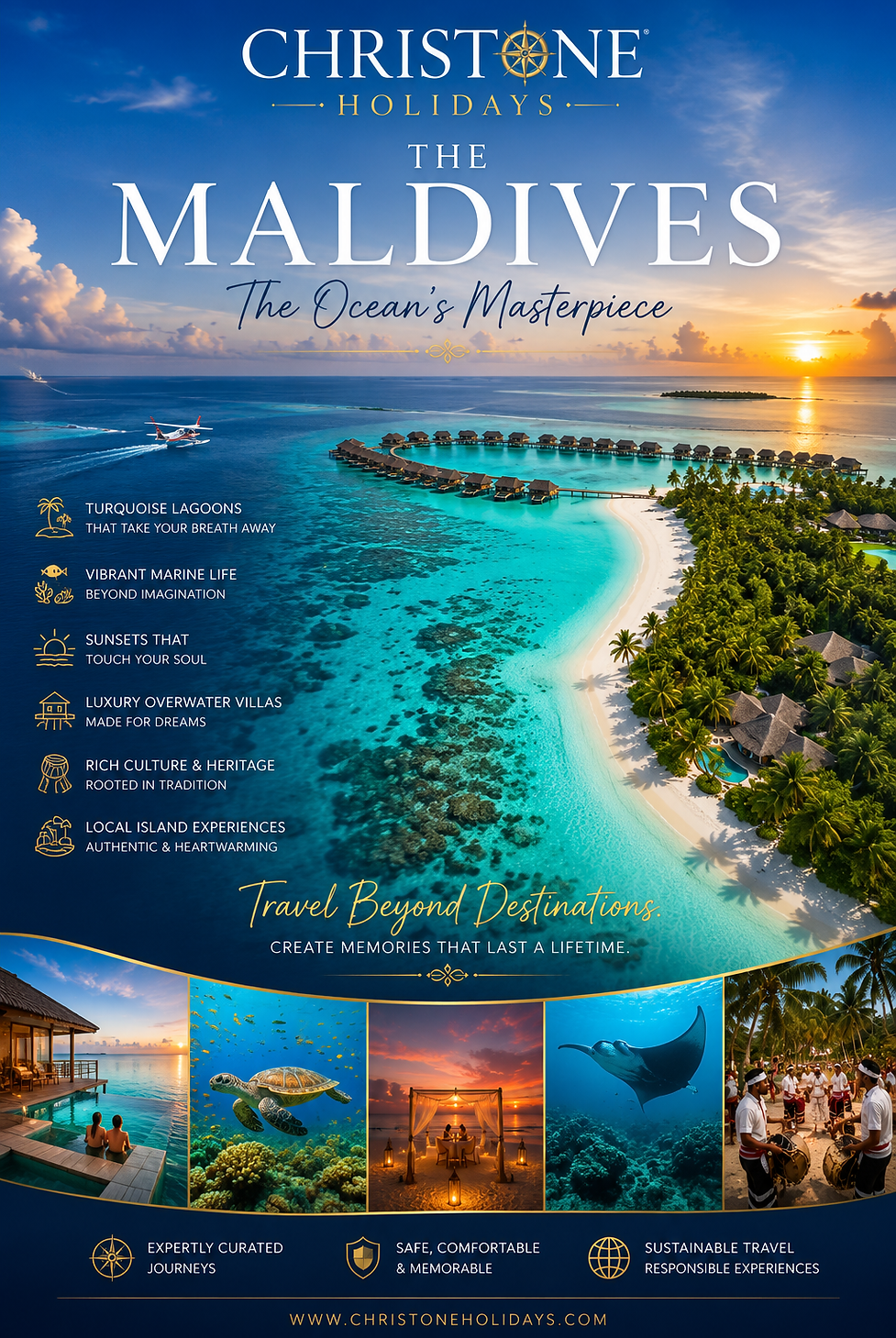 Luxury overwater villas overlooking crystal-clear turquoise lagoons in the Maldives at sunset, showcasing tropical island beauty, pristine white beaches, and premium travel experiences by Christone Holidays.