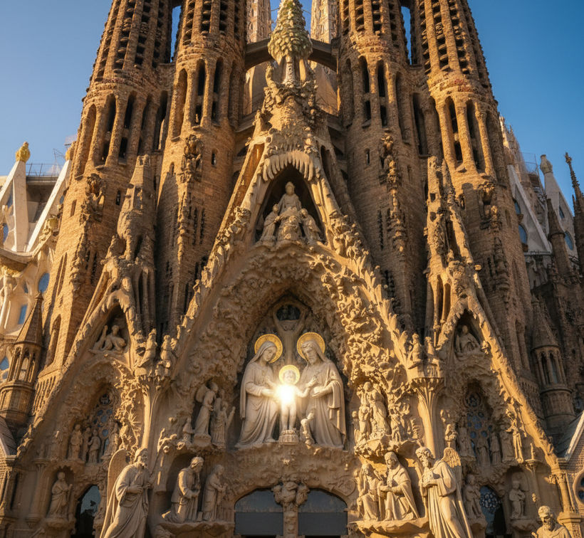 Nativity Façade of Sagrada Família in golden sunlight with clearly visible sculpted figures of the Holy Family, angels and shepherds
