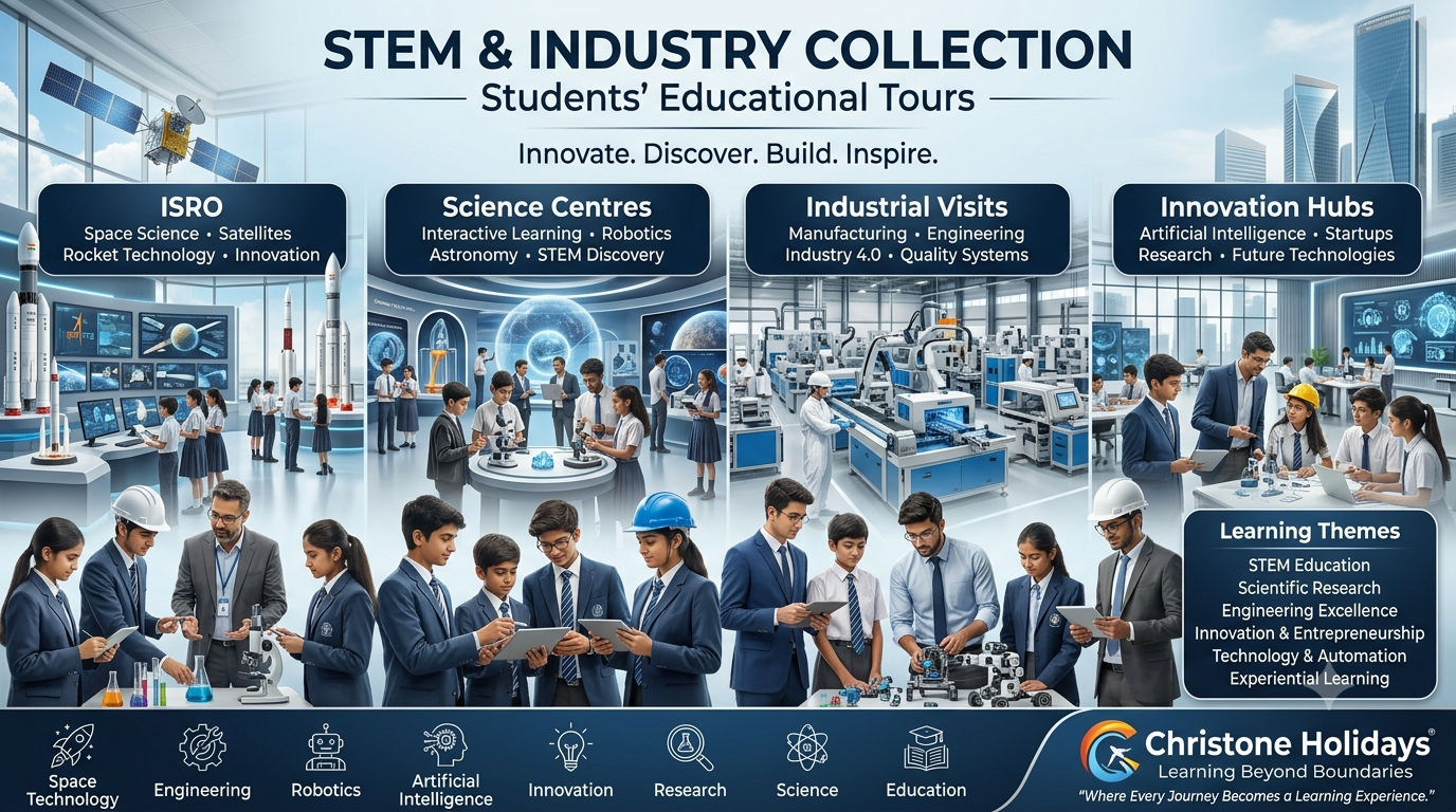 Students participating in STEM educational tours with Christone Holidays, exploring ISRO, science centres, industrial facilities, and innovation hubs through hands-on experiential learning.