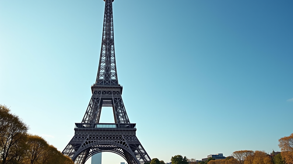 Wide angle view of the Eiffel Tower against a clear blue sky