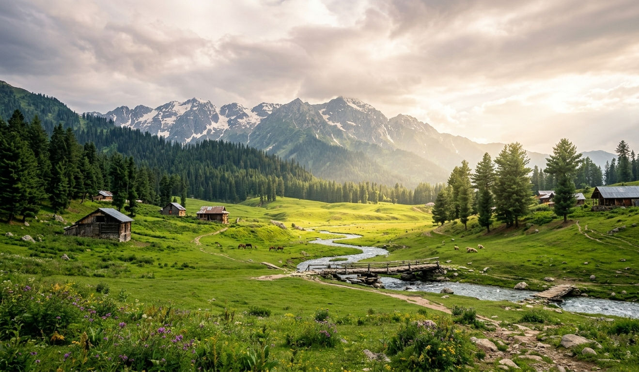 Scenic Betaab Valley with rivers, forests and Himalayan mountains in Kashmir