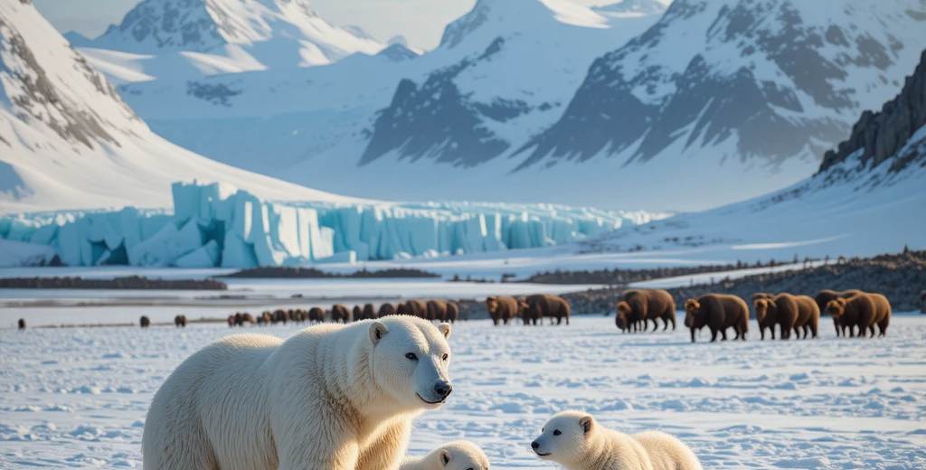 Mother polar bear with cubs on Wrangel Island tundra with glaciers, walrus haul-out, and musk oxen under midnight sun in UNESCO Arctic wilderness.