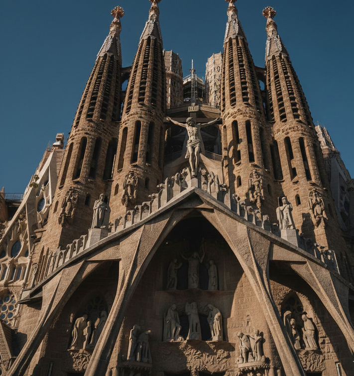 Passion façade of Sagrada Família with modern sculptural crucifixion scene
