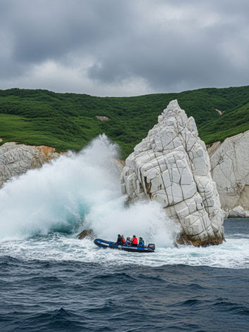 Christone Holidays expedition boat exploring the dramatic White Cliffs coastline of Iturup, Kuril Islands.