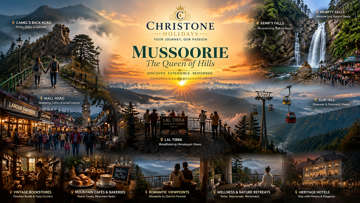 Merged Mussoorie Himalayan collage featuring Lal Tibba, Kempty Falls, Camel’s Back Road, Gun Hill, colonial architecture, pine forests, and hill station experiences in Uttarakhand.