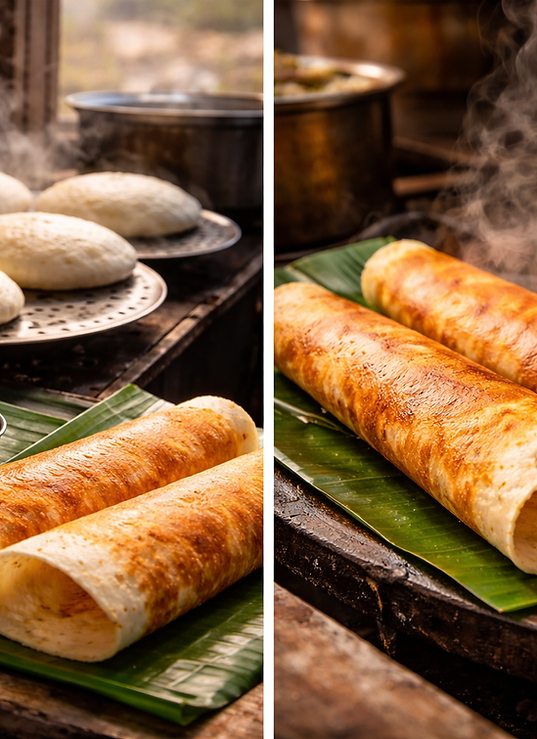 Steaming thatte idli and crispy dosa served on banana leaf in traditional Karnataka style