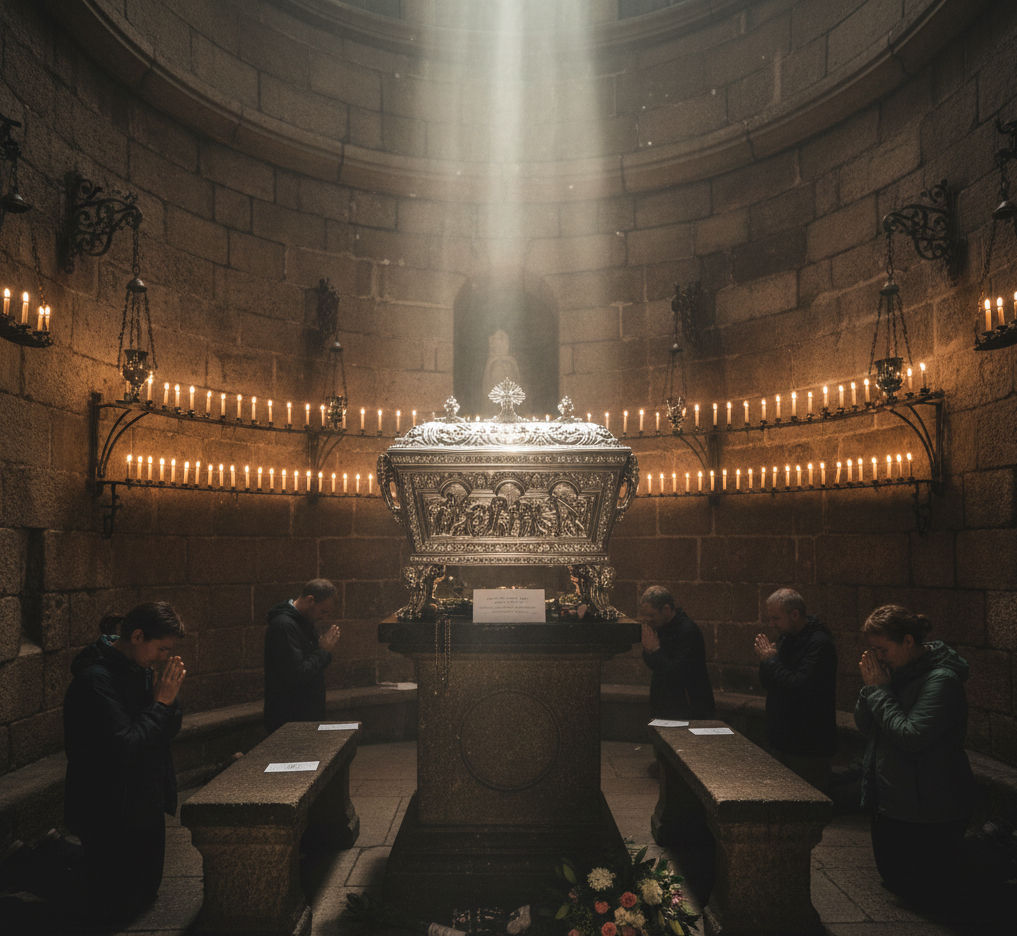 Pilgrims praying before the silver tomb of St. James inside Santiago de Compostela Cathedral crypt in warm candlelight