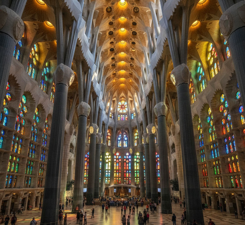 Sagrada Família interior with stained glass light and branching columns