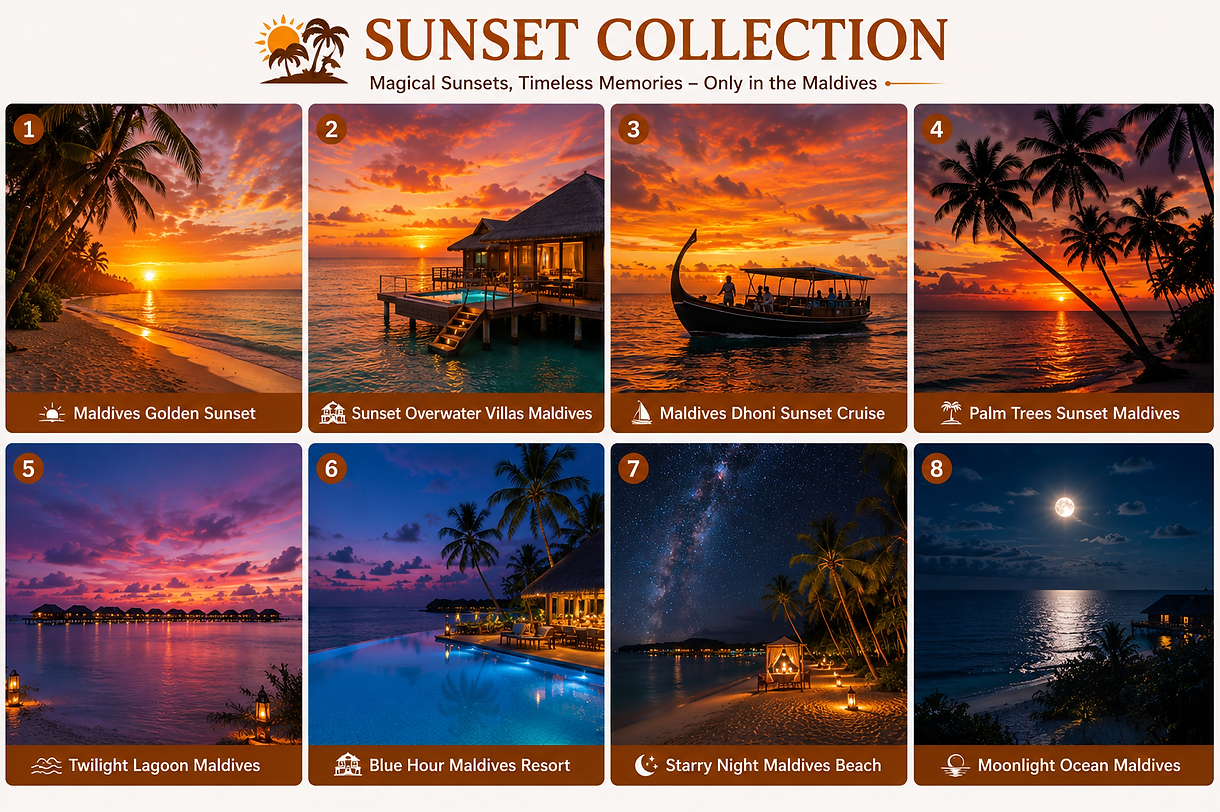 Sunset Collection showcasing the breathtaking evening beauty of the Maldives, featuring golden sunsets, overwater villas, traditional dhoni cruises, palm-fringed beaches, twilight lagoons, blue hour landscapes, star-filled skies, and moonlit Indian Ocean views.