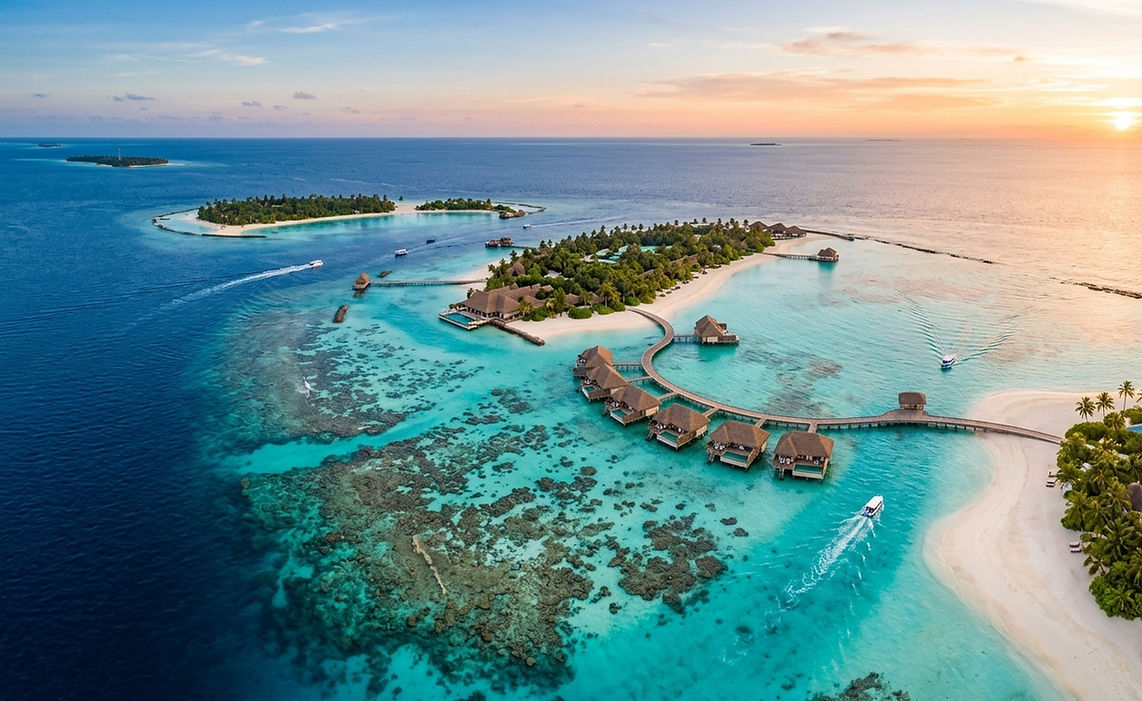 South Malé Atoll with crystal-clear lagoons, coral reefs, diving experiences, and secluded island resorts.