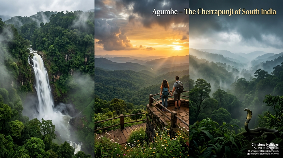 Wide landscape view of Agumbe rainforest with Barkana Falls and sunset point in Western Ghats Karnataka