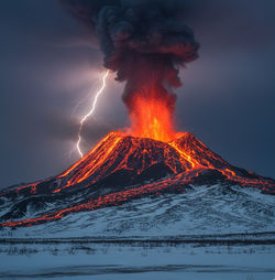 Active volcano eruption in Kamchatka at sunrise