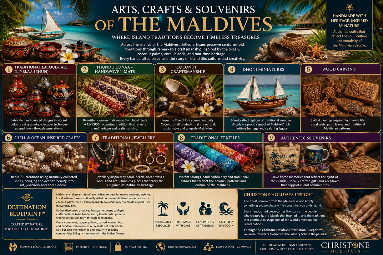 Collage showcasing traditional Maldivian arts, crafts, and souvenirs including lacquer art (Liyelaa Jehun), Thundu Kunaa handwoven mats, coconut shell handicrafts, Dhoni miniature boats, wood carvings, shell crafts, traditional jewellery, island textiles, and authentic handmade souvenirs by Christone Holidays.