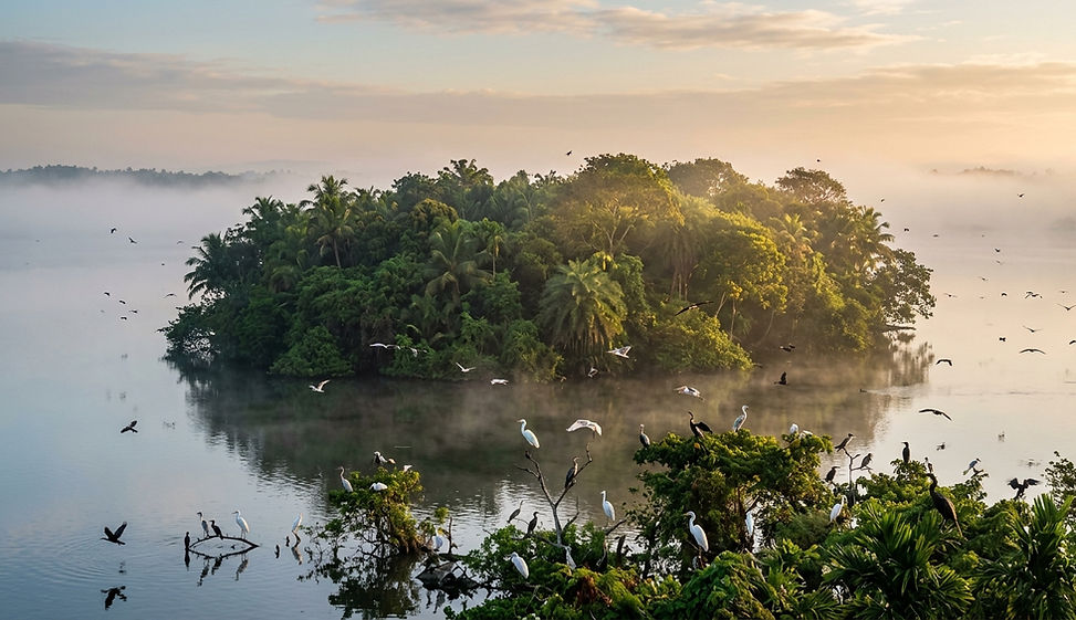Pathiramanal island bird sanctuary in Kerala with migratory birds and lush greenery