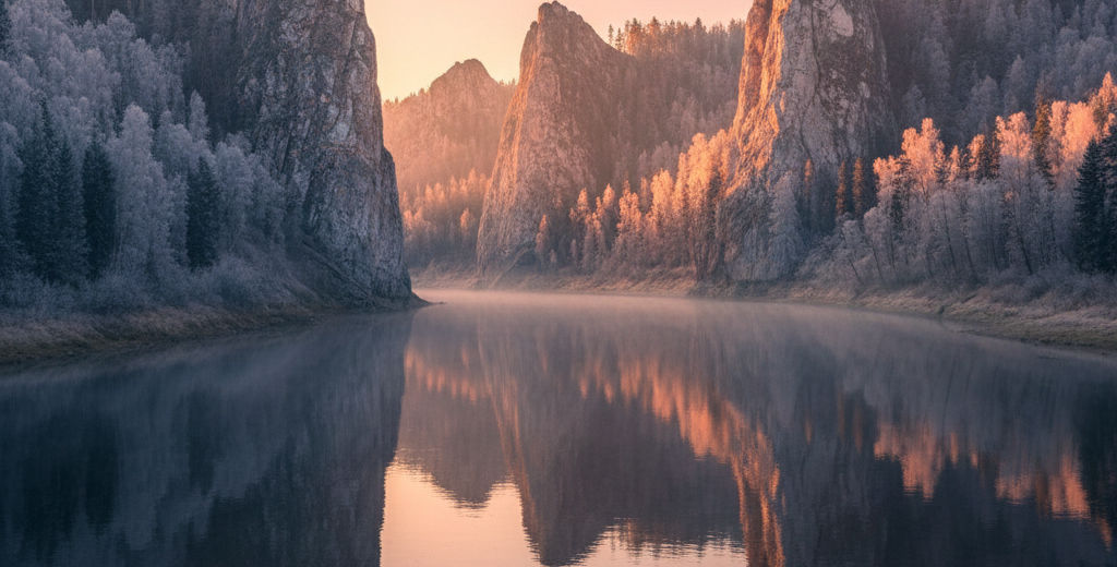 The spectacular Lena Pillars, tall rock spires, line the bank of the Lena River under a soft pink and orange sunrise sky, reflected in the calm water.