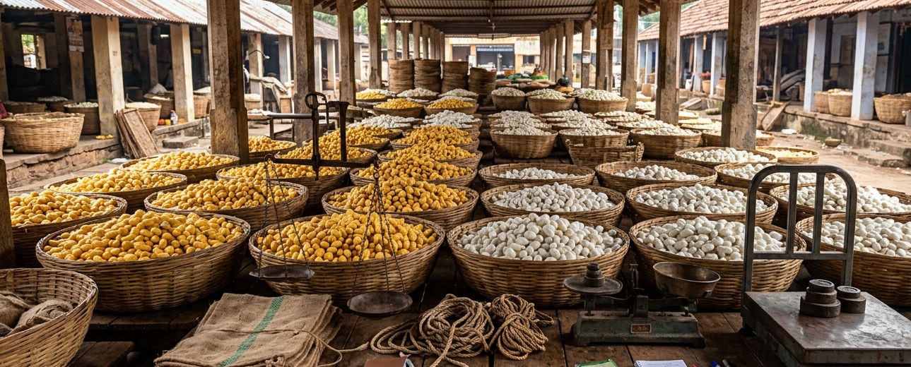 Silk cocoon market in Ramanagara with baskets of cocoons arranged for trade