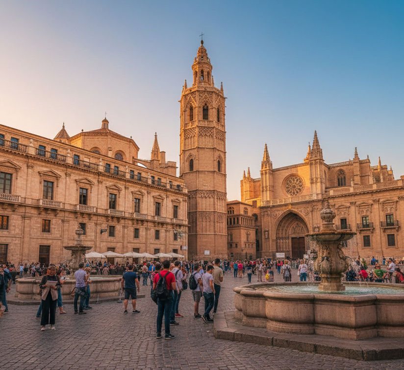 Valencia Cathedral and Miguelete tower at sunset in historic square