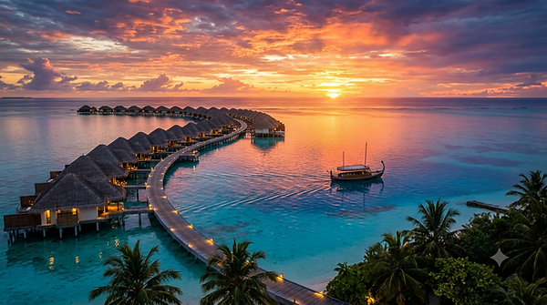 Golden sunset over luxury overwater villas and a traditional dhoni boat in the Maldives, surrounded by turquoise lagoons and palm-fringed islands in the Indian Ocean.