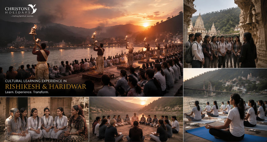 Students experiencing Ganga Aarti, yoga traditions, temple heritage, and spiritual learning journeys in Haridwar and Rishikesh Uttarakhand.